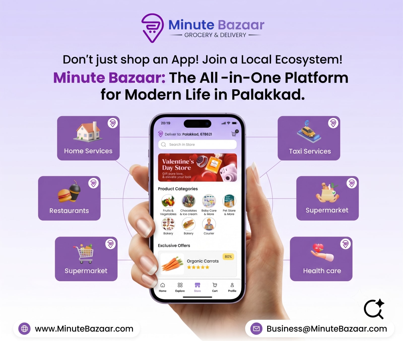 Minute Bazaar β the all-in-one platform for modern life in Palakkad, with home services, restaurants, taxi, supermarket and health care