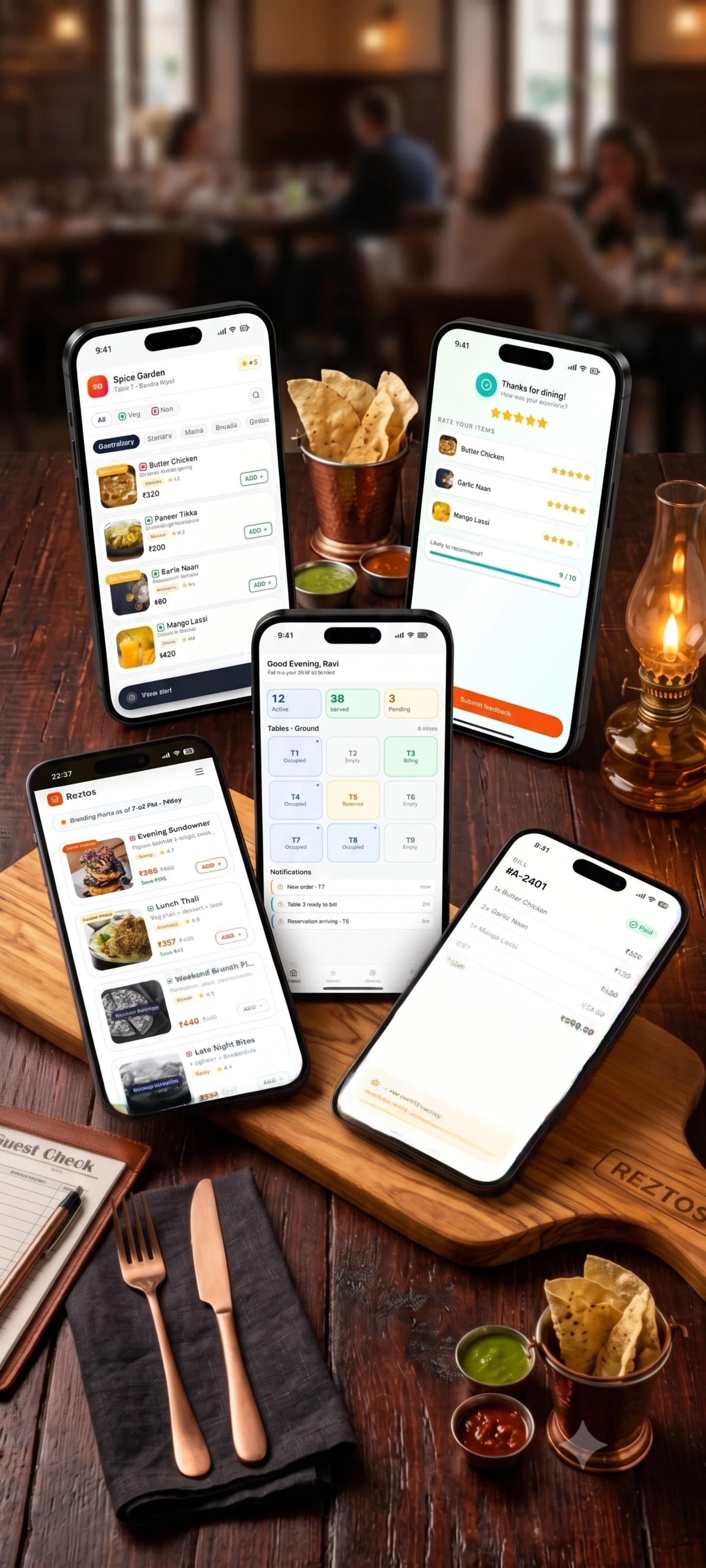 Reztos on the floor β menu, live tables, feedback and billing across five screens
