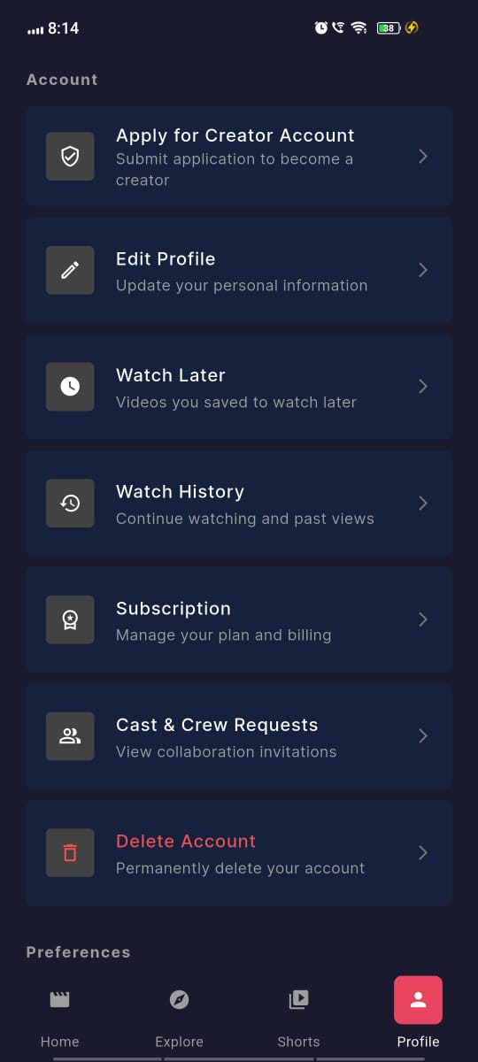 Profile with creator account application