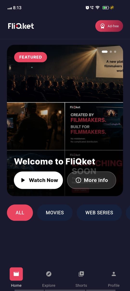 Fliqket home screen with the featured film carousel
