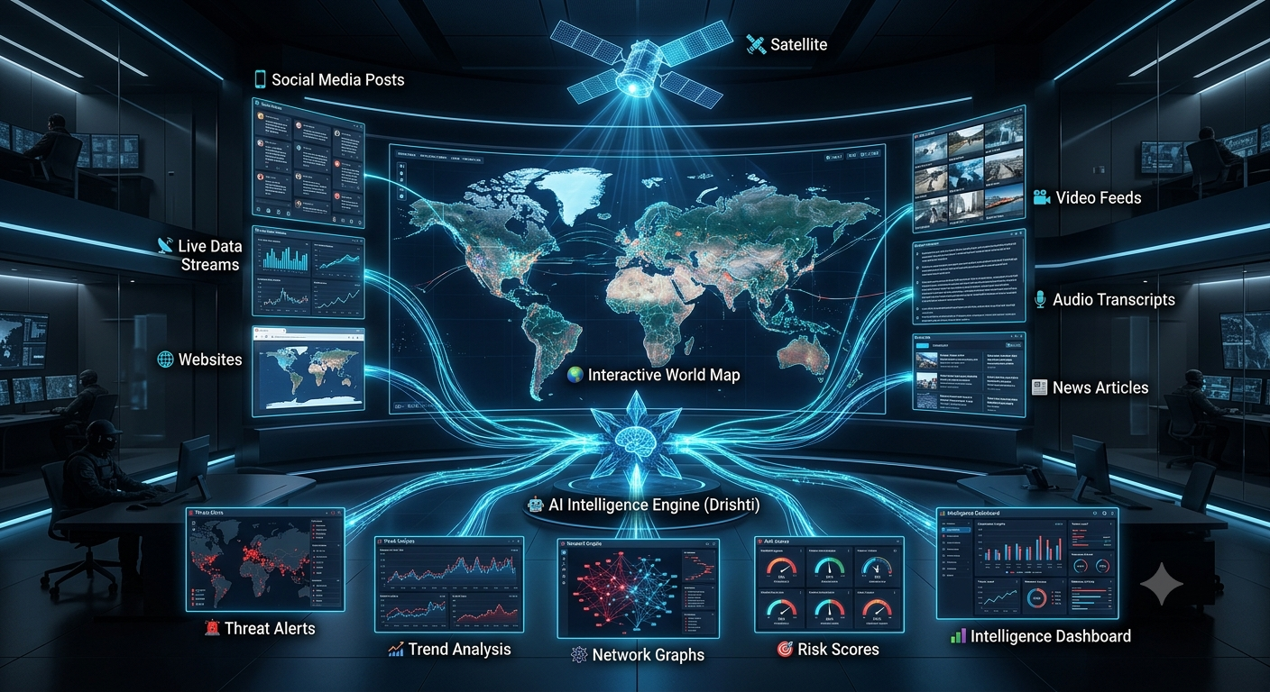 Drishti intelligence dashboard β world map, live feeds, threat alerts and trend analysis