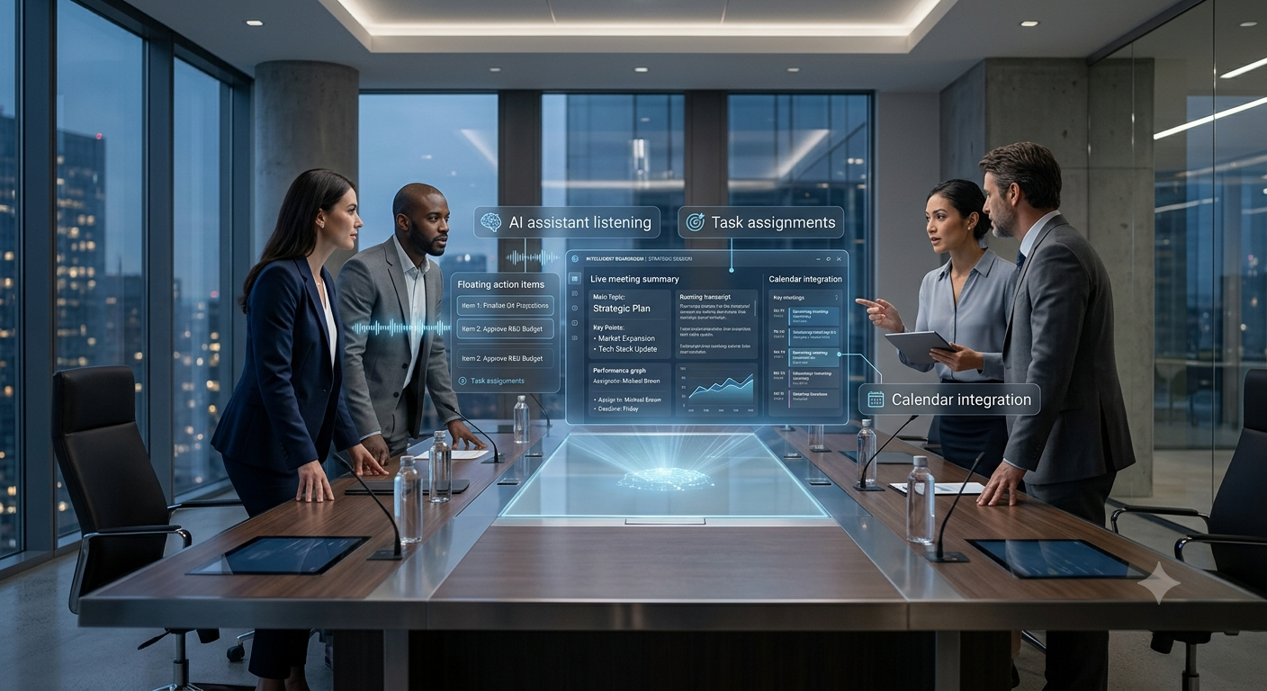 MAI listening in on a boardroom meeting, surfacing notes and task assignments