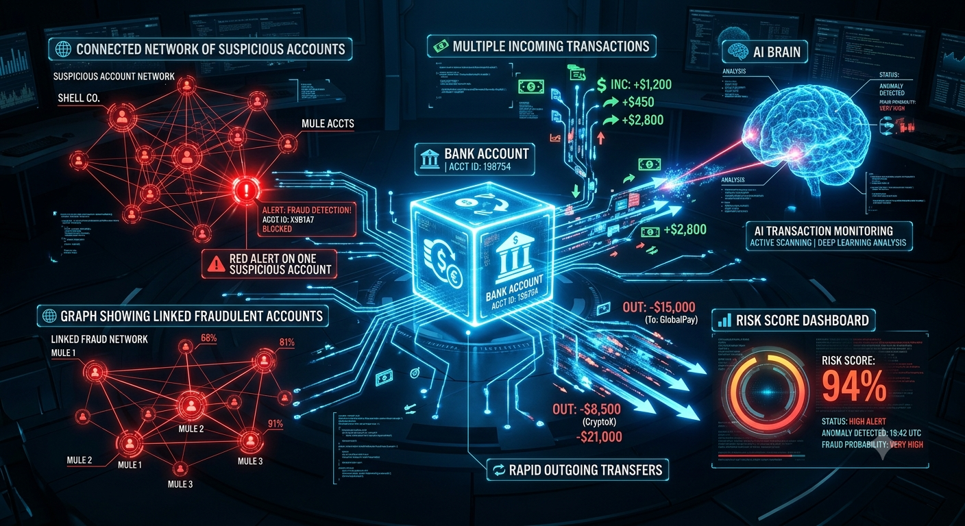 A network of suspicious accounts feeding one bank account, with linked-fraud graph and risk score