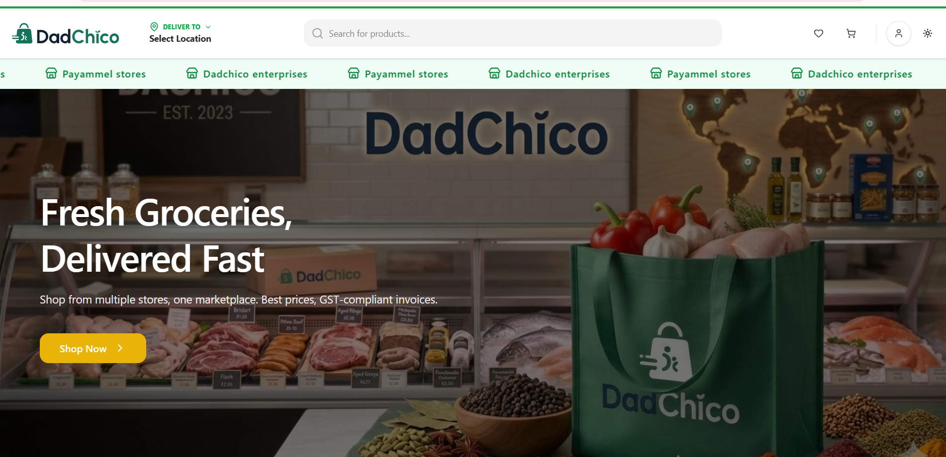 DadChico storefront β fresh groceries delivered fast, from multiple stores in one marketplace