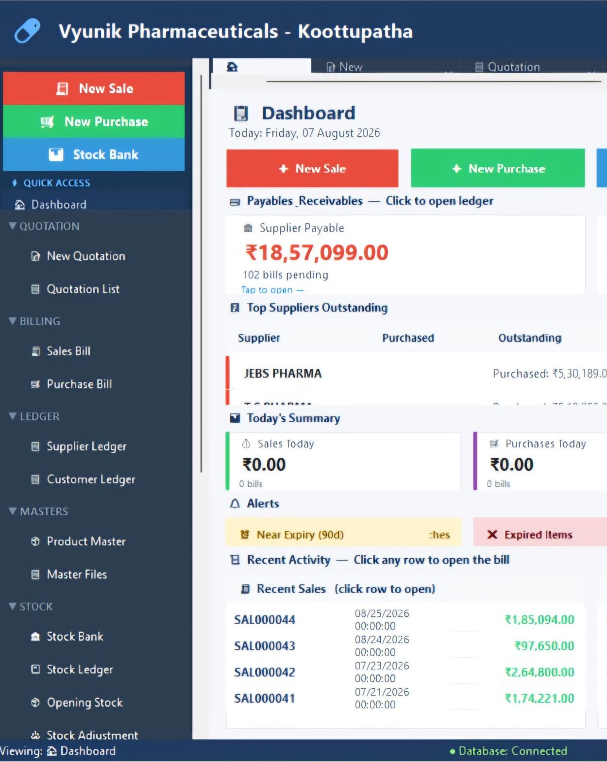 Medicharm dashboard β payables, stock alerts and recent sales
