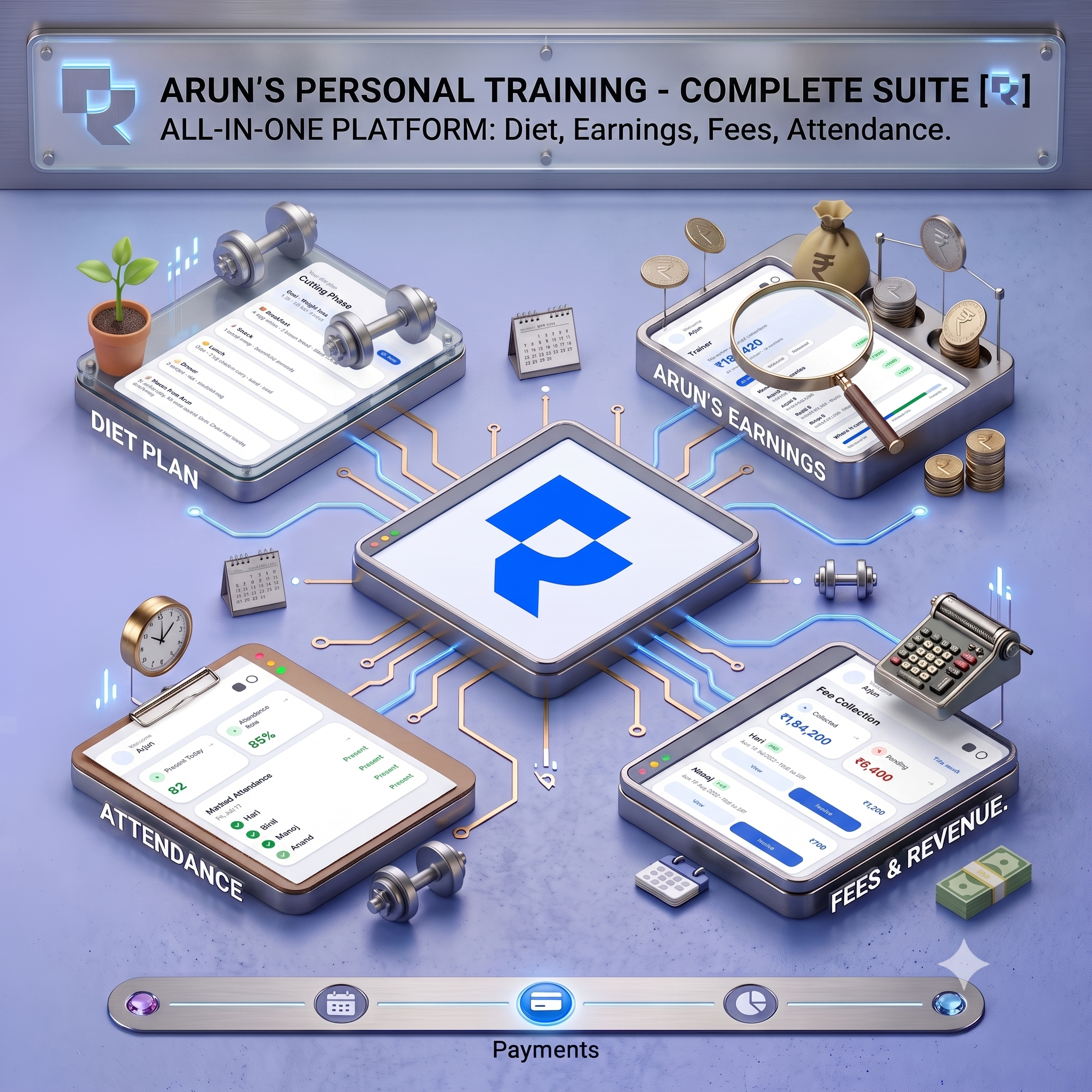 Repz complete suite β diet plans, earnings, attendance and fees in one platform