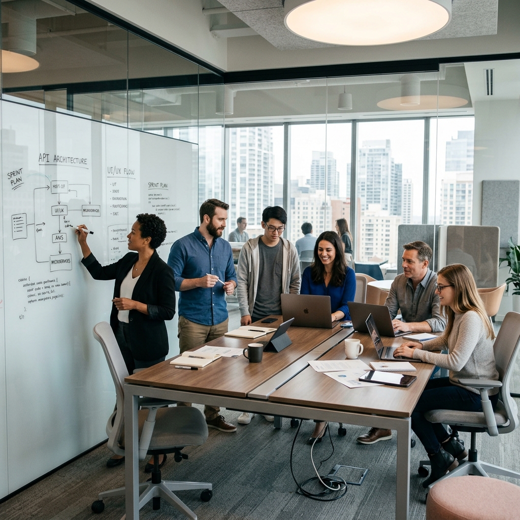 Comfinity technology team collaborating in a modern office